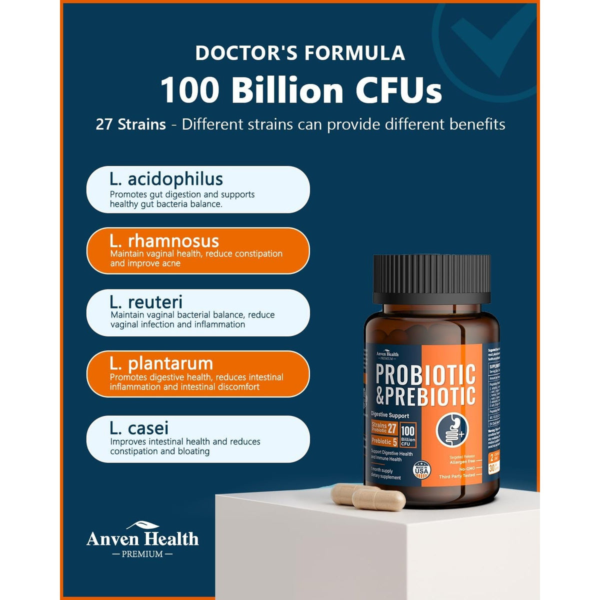 100 Billion Probiotics for Men and Women 27 Strains 5 Organic Prebiotics for Gut Digestive & Immune Health, Supports Diarrhea Gas Bloating, Non-Gmo, Zero Fillers – Made in USA丨60 Caps