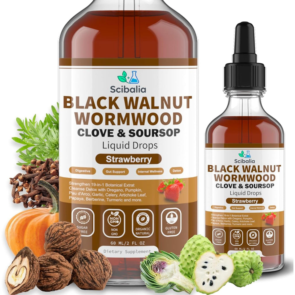 Wormwood Black Walnut Clove Cleanse for Human Drops, 19-In-1 Triple-Action Gut Detox & Digestive Wellness Organic Wormwood Tincture W. Soursop Pumpkin Garlic Oil of Oregano, Vegan