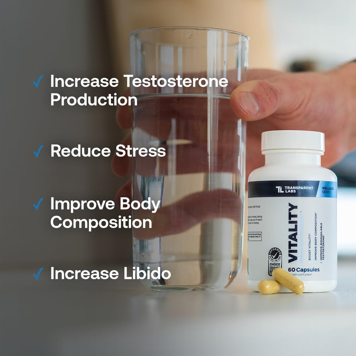 Transparent Labs Vitality Testosterone Booster - Testosterone Supplement for Men with Ashwagandha KSM-66, Primavie Shilajit Extract, & DIM to Support Vitality, & Bioavailable Testosterone - 60 Count