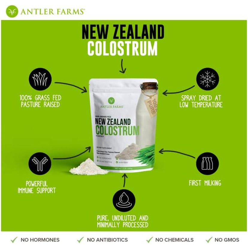 Antler Farms 100% Pure New Zealand Colostrum, 30 Servings, 1 Lb - Grass Fed, Pasture Raised, Clean Sourced, Cold Processed, Undiluted, High Igg Content