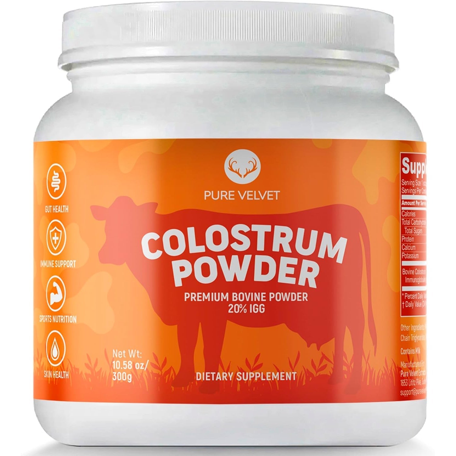 Pure Velvet Colostrum Powder for Gut Health, Bloating, Hair Growth, Immune Support, Bovine Cow Sourced Colostrum Protein, Lactoferrin Supplement, Contains Dairy with Immunoglobulins (Igg) (10 Ounce)