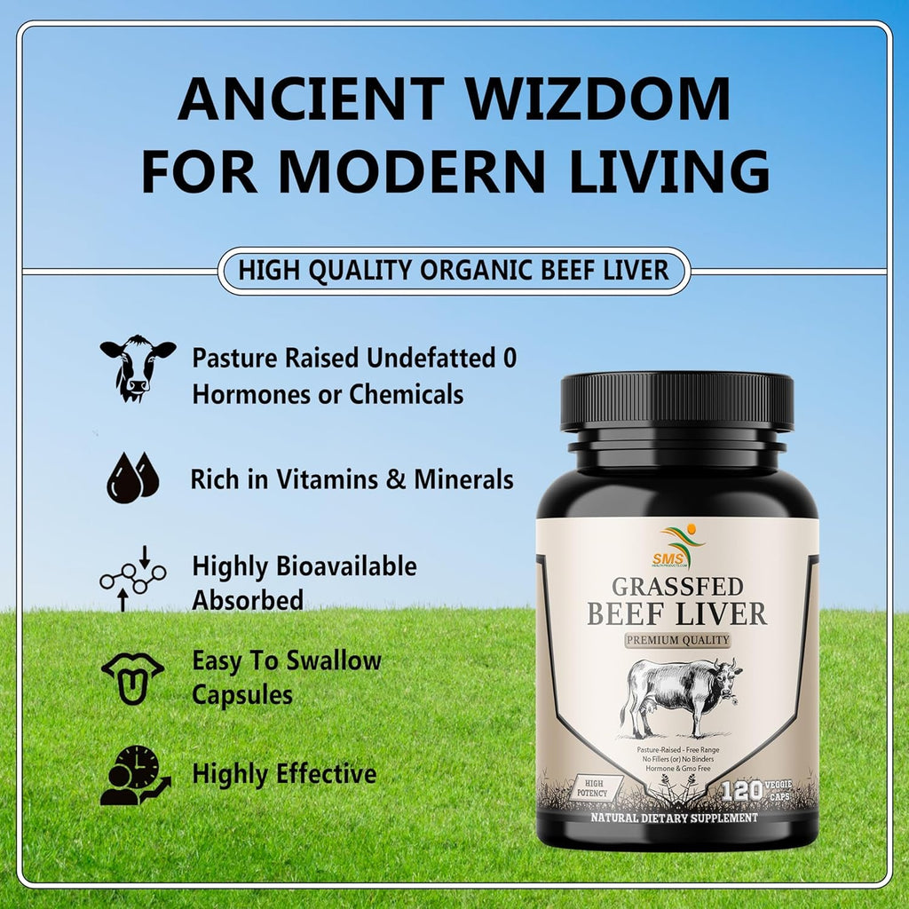 Grass Fed Desiccated Beef Liver Capsules (120 Pills, 480-500Mg Each) - Natural Iron, Vitamin A, B12 for Energy - Humanely Pasture Raised Undefatted without Hormones or Chemicals