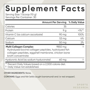 Sports Research Multi Collagen Protein Powder (Type I, II, III, V, X) with Hyaluronic Acid + Vitamin C | 5 Types of Food Based Collagen, 30 Servings (Unflavored)
