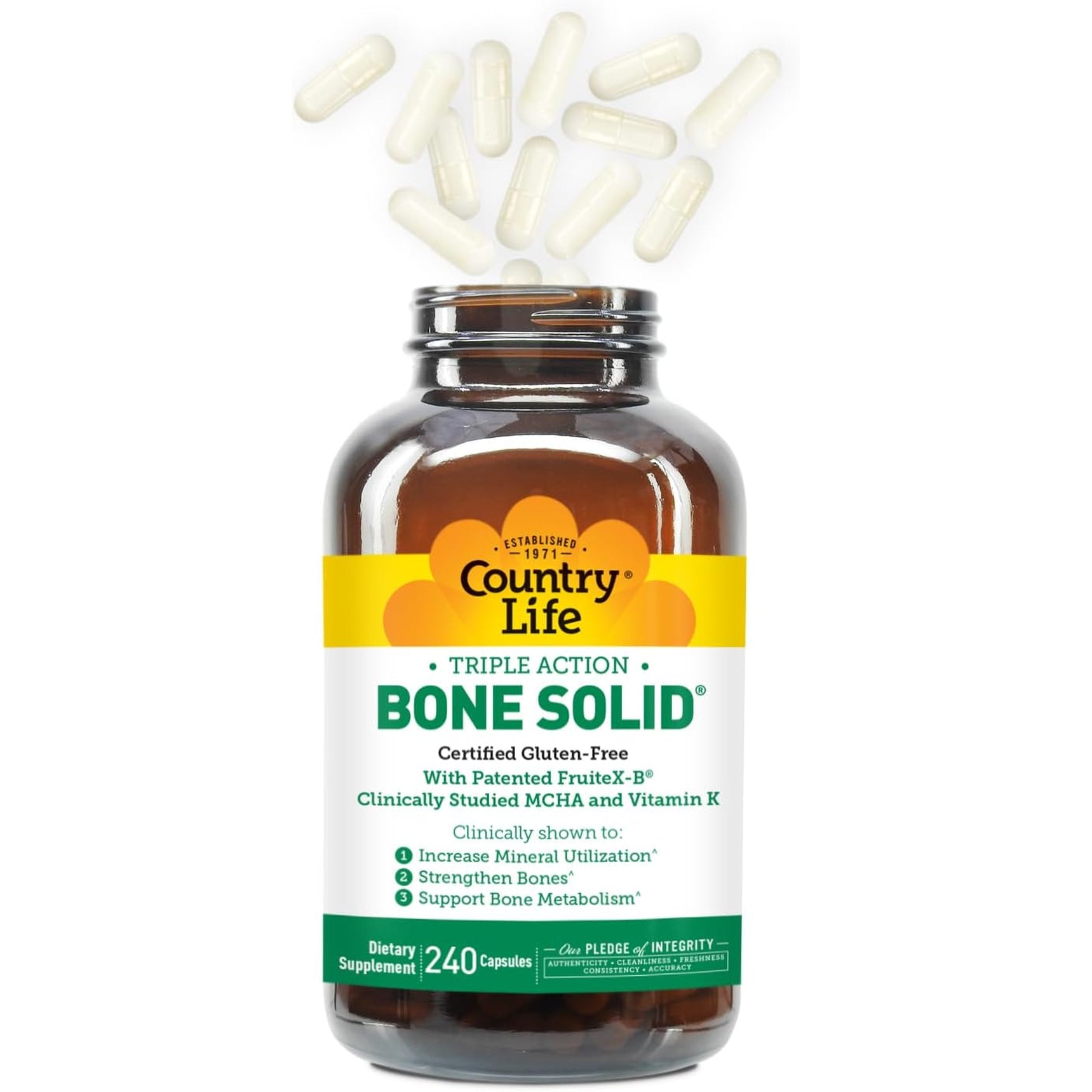 Country Life Bone Solid - Bone Health Supplement with Microcrystalline Hydroxyapatite (MCHA), Calcium, Magnesium, Zinc, Vitamins K2 & D3 for Enhanced Bone Strength & Metabolism - 240 Capsules