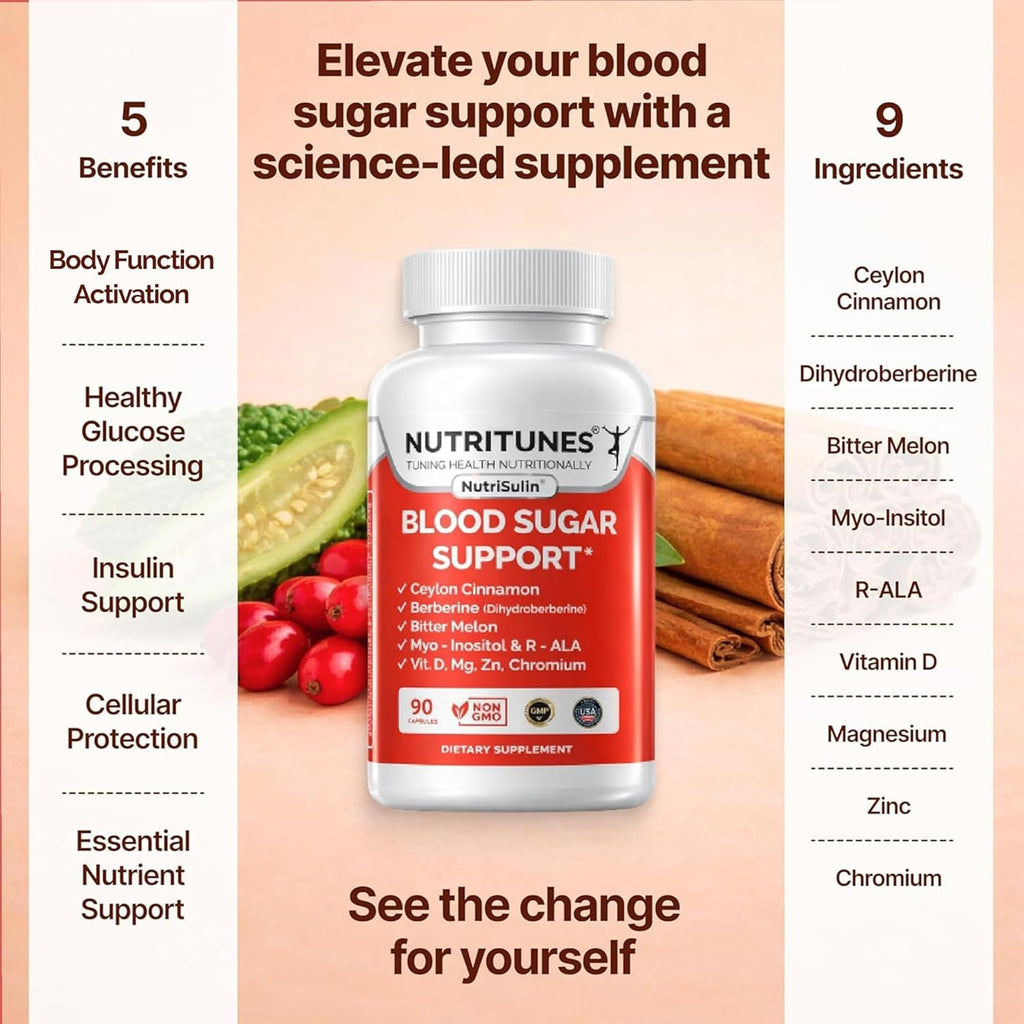Ceylon Cinnamon & Berberine (Dihydroberberine) Supplement for Blood Sugar Support with Added Blood Sugar Complex Myo-Inositol Bitter Melon R-ALA VIT. D Chromium Magnesium & Zn– 90 Nutrisulin Capsules
