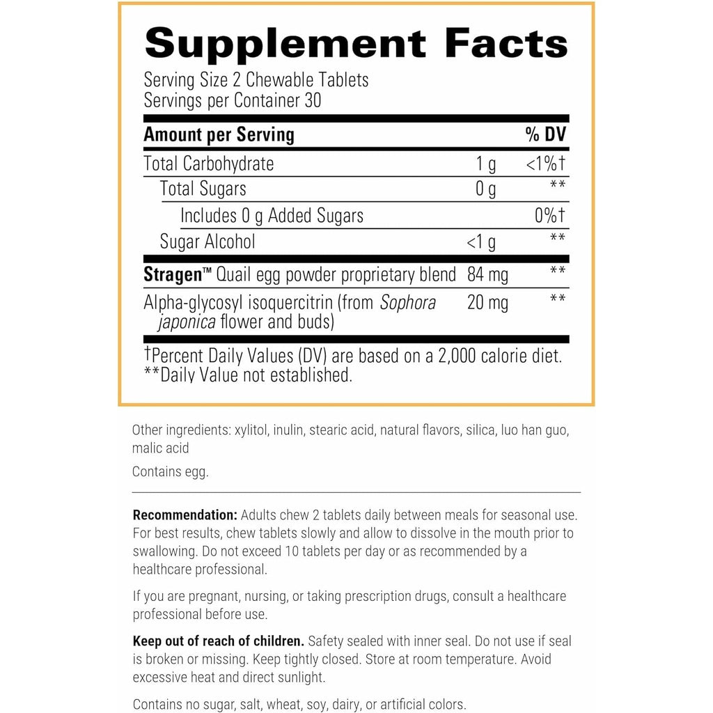 Integrative Therapeutics Allqlear - Seasonal Supplement for Immune Support *- Quail Egg Powder Blend - Dairy-Free - Berry Flavored, 60 Chewable Tablets (30 Servings)