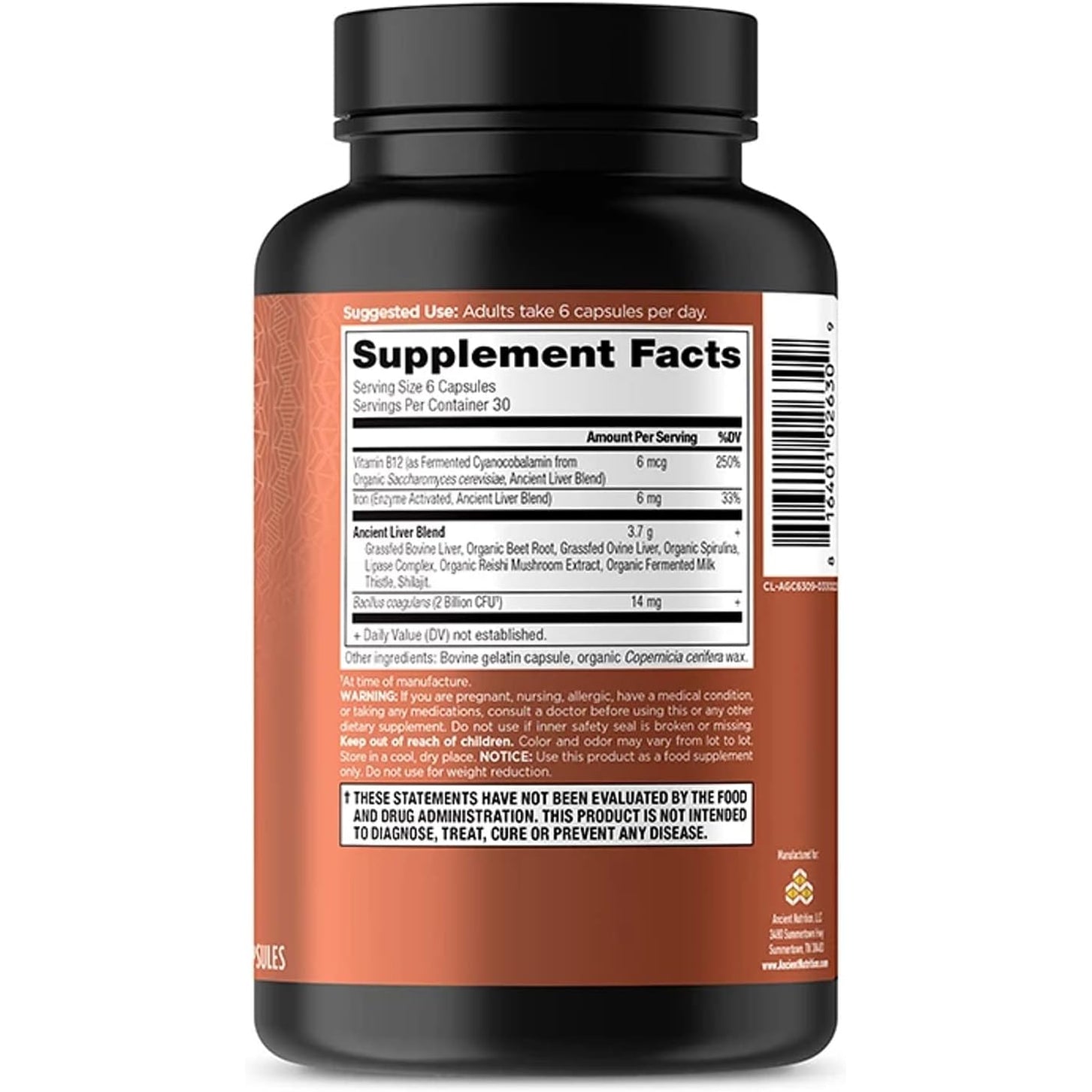Ancient Nutrition Organ Supplements, Grass-Fed and Wild Organ Complex Capsules, Beef & Lamb Liver, Supports Healthy Blood, Gut, and Liver, 180 Ct