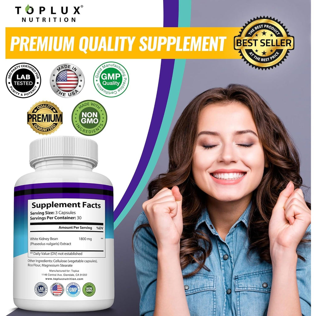 Toplux Keto Blocker Pills White Kidney Bean Extract - 1800 Mg Natural Ketosis, Support Keto Diet, for Men Women, 90 Capsules, Supplement