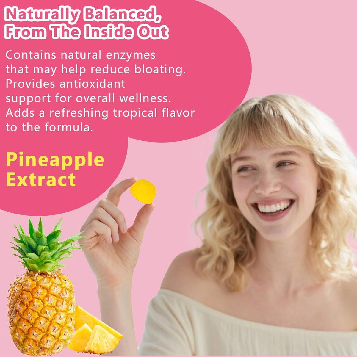 Feminine Vaginal Probiotics Gummies, Supports Ph Balance & Digestive Health, Slippery Elm for Women, Suagr-Free, Veagn, Pineapple Flavor, 60 Count