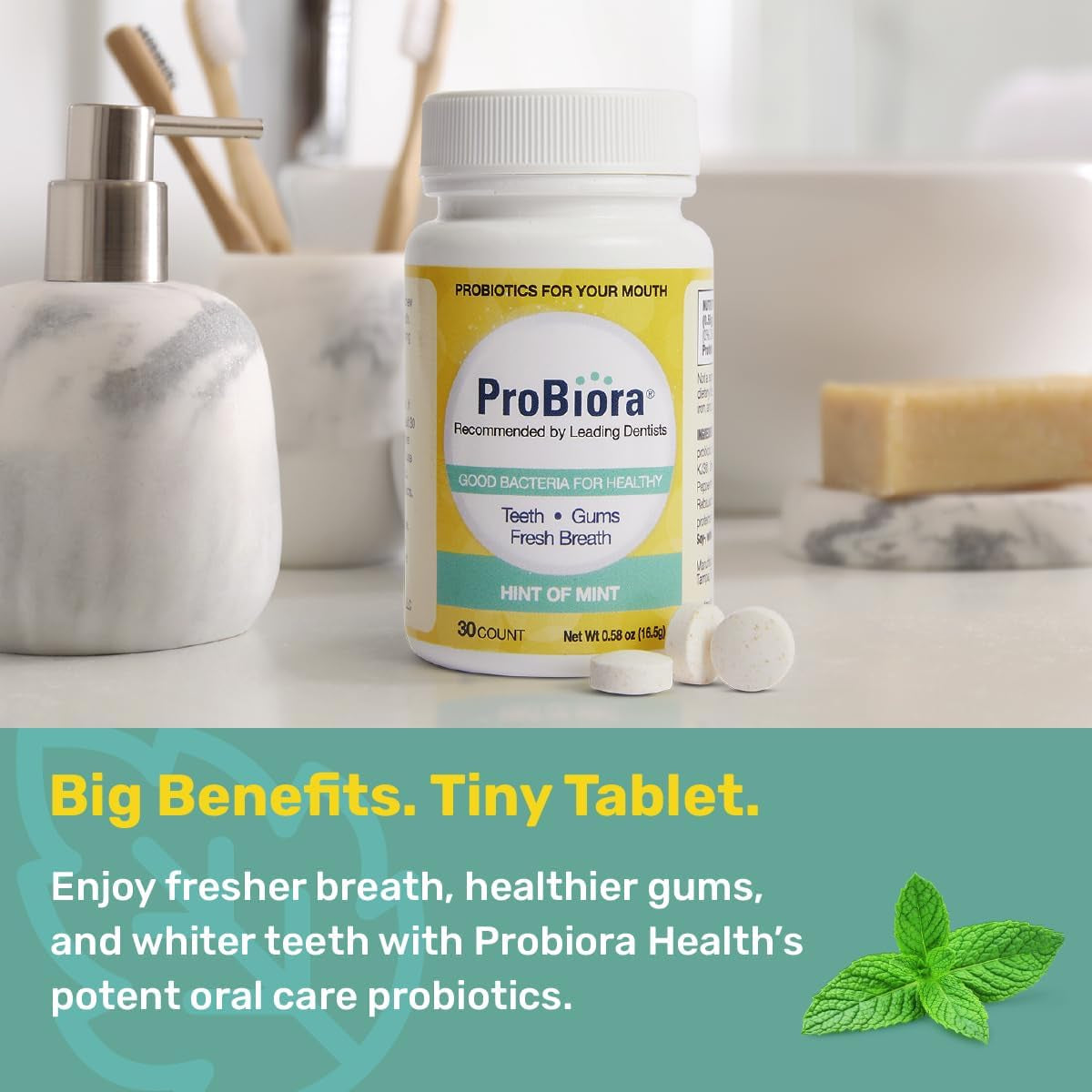 Probiora Oral Probiotics for Teeth and Gums | Dental Probiotics for Improved Oral Health | Bad Breath Treatment for Adults | Probiora3 Patented Probiotic Blend | Tooth Whitening | 30 Mint Tablets