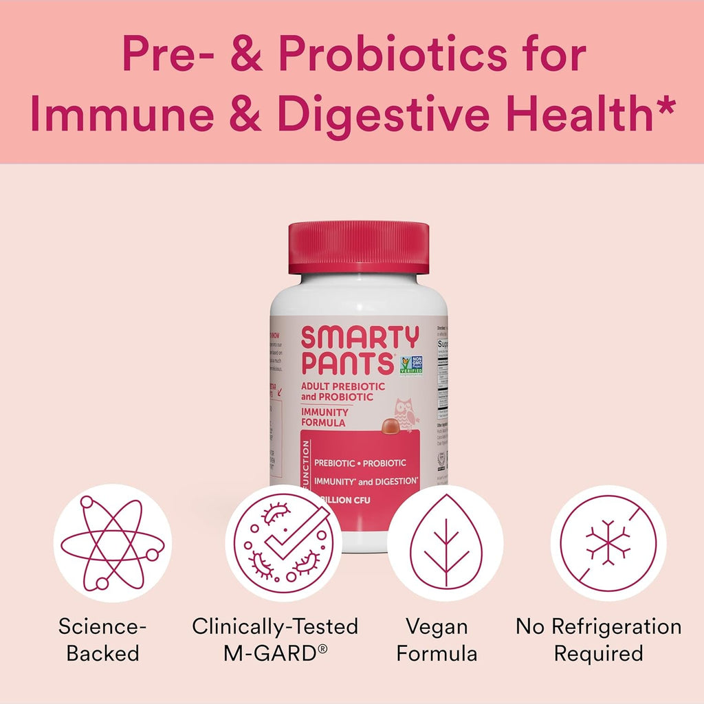 Smartypants Adult Probiotic & Prebiotic Gummies for Digestive Health: Gut Health Supplement, Clinically Studied Prebiotic for Immune Support, Strawberry, 60 Count (30 Day Supply)