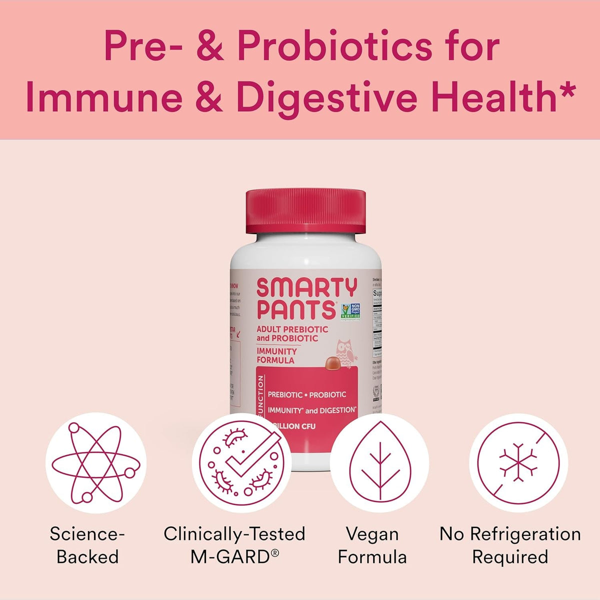 Smartypants Adult Probiotic & Prebiotic Gummies for Digestive Health: Gut Health Supplement, Clinically Studied Prebiotic for Immune Support, Strawberry, 60 Count (30 Day Supply)