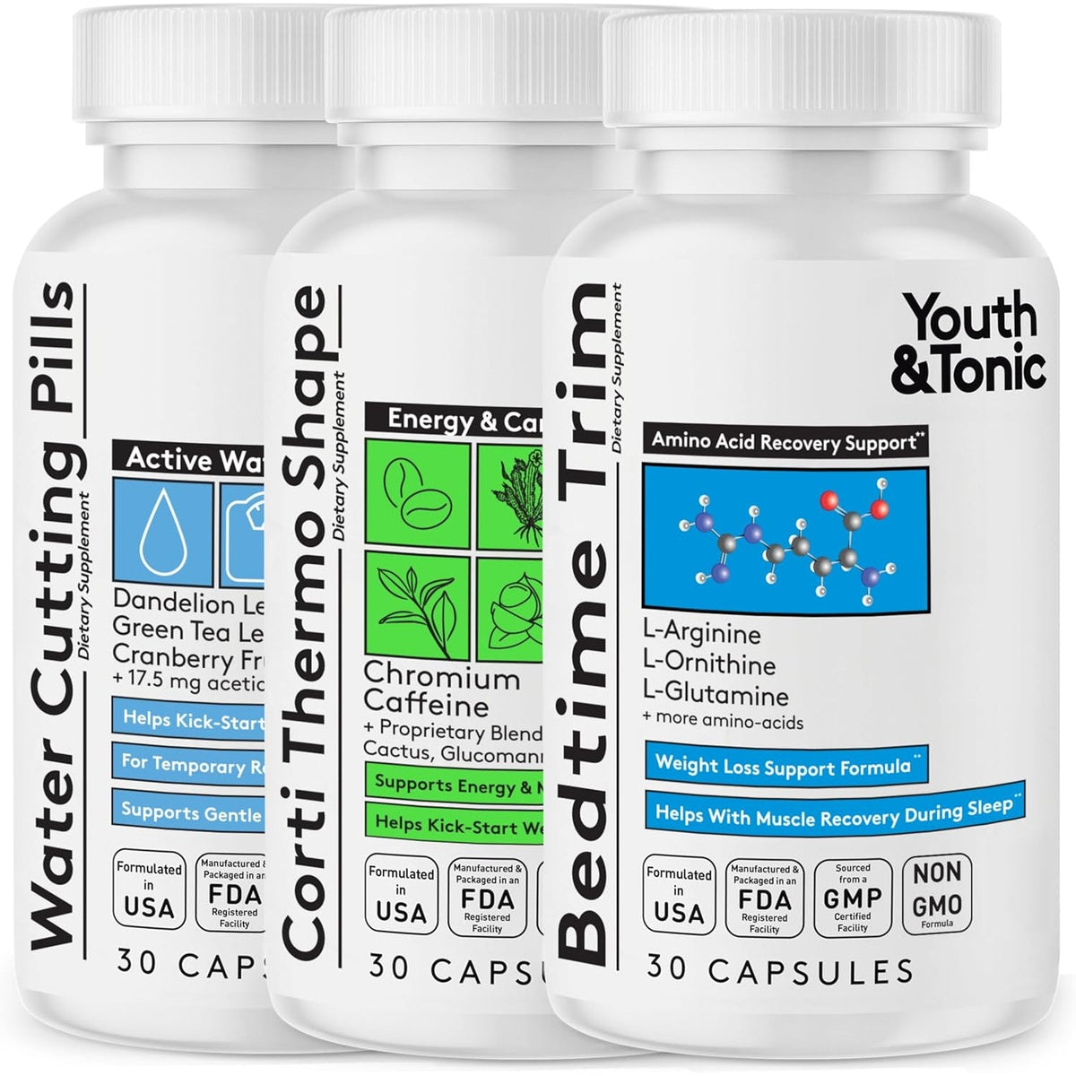 Youth & Tonic Lean Sculpt Defined Cleanse – Water Weight Away, Cortithermo Shape & Bedtime Trim for Detox Metabolism Bloating Energy & Dietary Discipline for Mindful Eating – 90 Pills for Women & Men