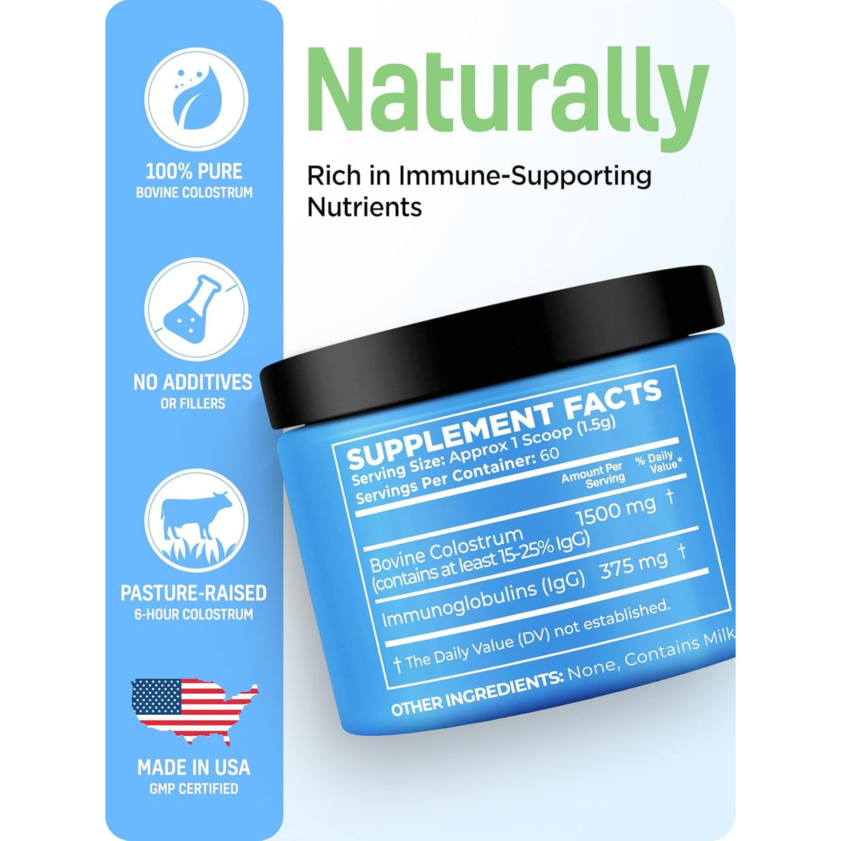 Bovine Colostrum Powder for Women &Men Source of Igg & Iga Grass-Fed, Pure Bovine Colostrum for Gut Health, Immune Support, Muscle Recovery & Wellness, Unflavored - 3.17 Oz - 60 Servings (Made in USA)
