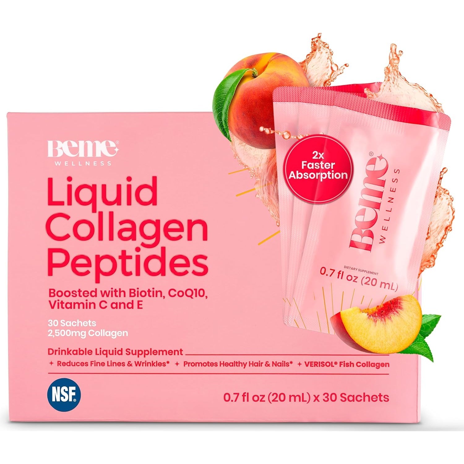 Beme Liquid Collagen for Women - 2500Mg Verisol Collagen Liquid with Biotin, Coq10 & Vitamin C - Clinically Proven Collagen Peptides for Hair, Skin & Nails - 30 Peach Sachets