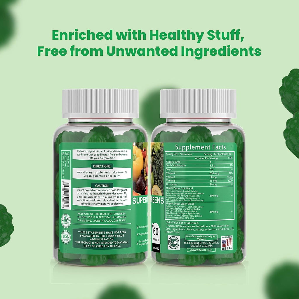 VIDAVITE Sugar-Free Super Greens Gummies — Us-Made, 35+ Fruit and Veggie Gummies to Boost Immunity, Skin & Gut Health — Ideal Fruits and Vegetables Supplement for Adults & Picky Teens (30-Days Supply)
