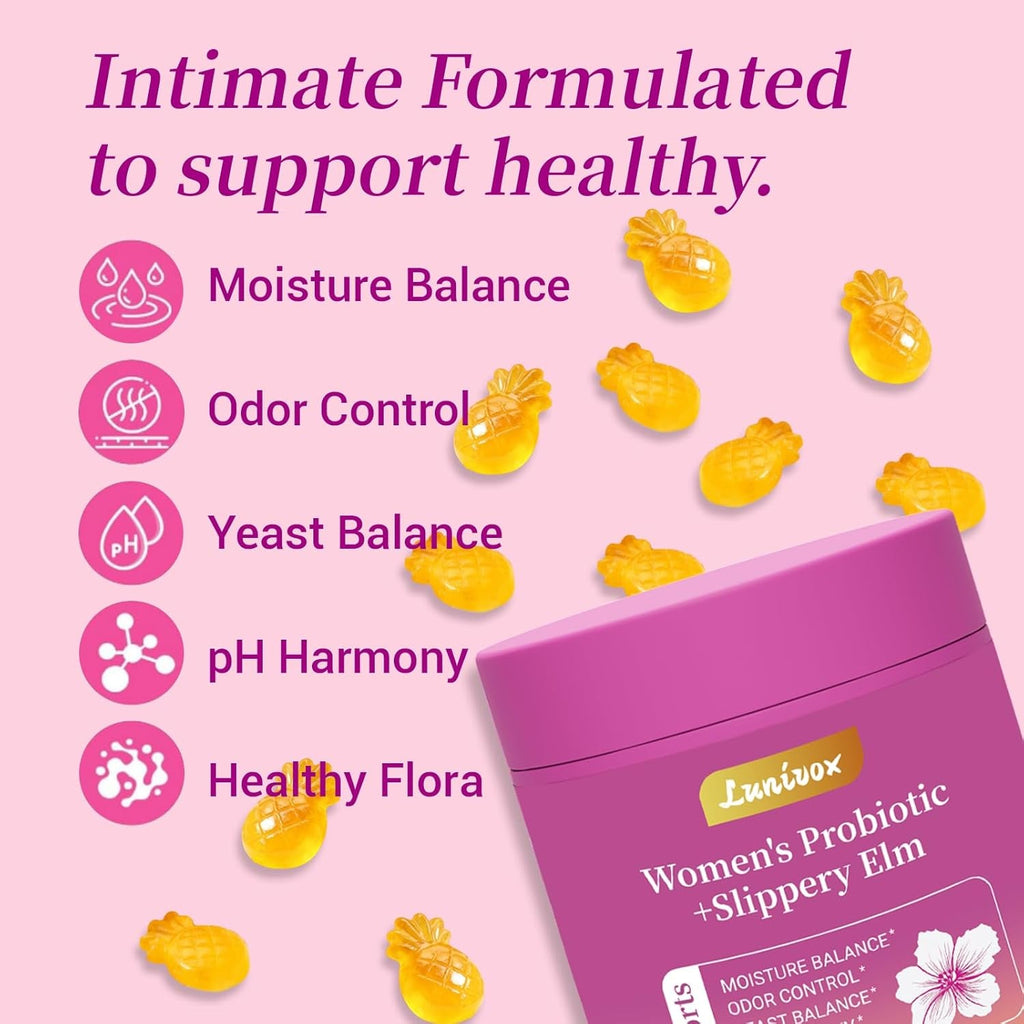 Her Juicy Feminine Probiotics Gummies for Women, with Prebiotics & Slippery Elm - Promotes Ph Balance, Gut Health & Immune Support - Pineapple Flavor, 60 Count