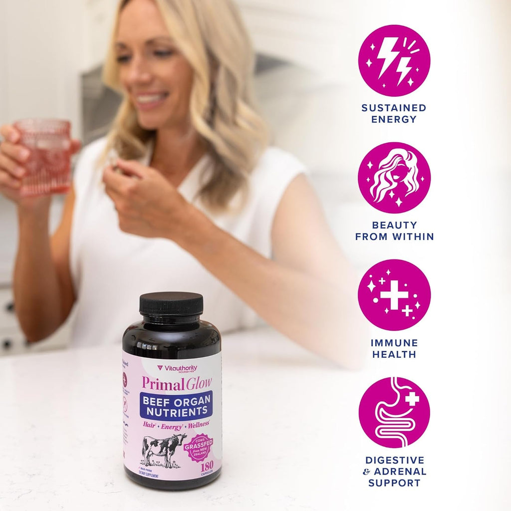 Beef Organ Supplement for Women | Grass-Fed, Pasture-Raised New Zealand Bovine | 7 Organ Extracts with Liver, Heart, Kidney, Bone Marrow & More Energy, Digestion & Skin Support Primal Glow 30 Servings