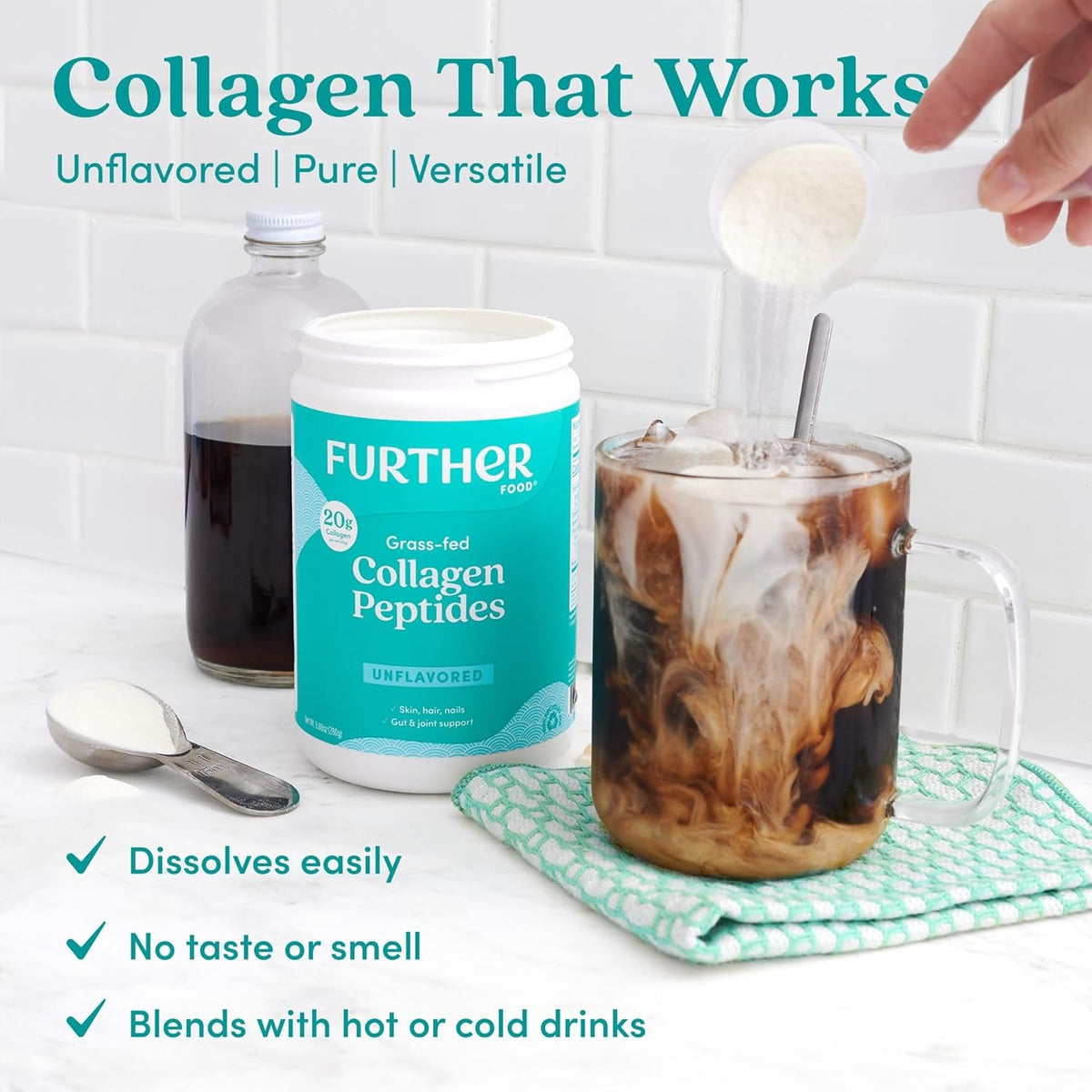 Further Food Unflavored Collagen Peptides Powder - 100% Grass-Fed, Hydrolyzed Type 1 & 3, 20G of Collagen per Serving, Supports Skin, Hair, Nails & Joints, 21.16 Oz