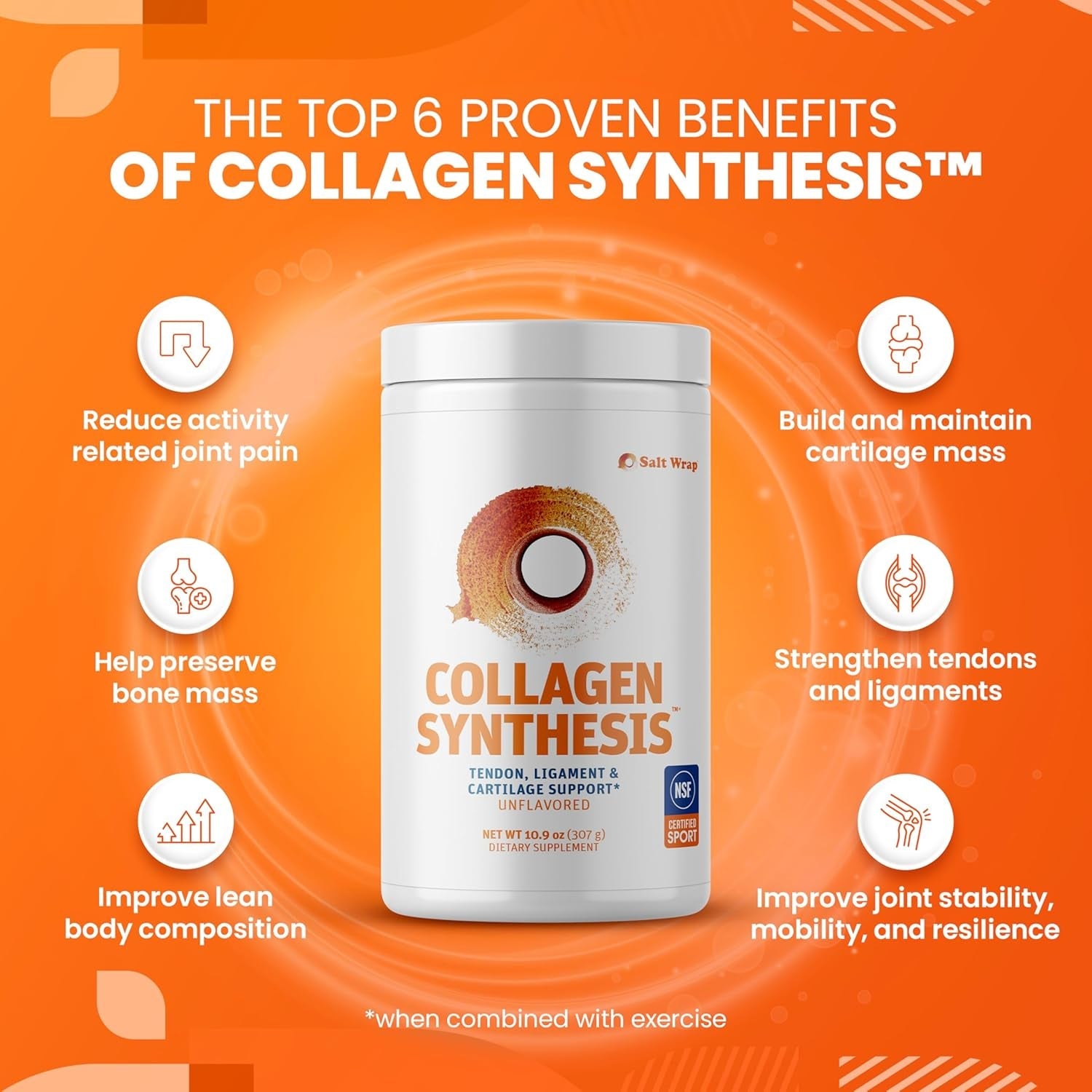 Saltwrap Collagen Synthesis - Collagen Peptides for Joints with Fortigel, Tendoforte, Best Collagen Powder for Tendons, Ligaments, and Cartilage Recovery and Repair, NSF Certified for Sport