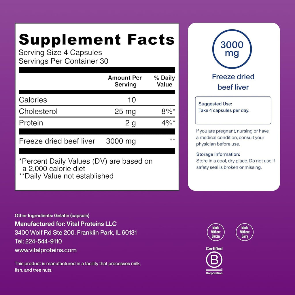 Vital Proteins Grass Fed Beef Liver Capsules, Desiccated Liver Supplement, 750Mg Liver Pills, 120 Count