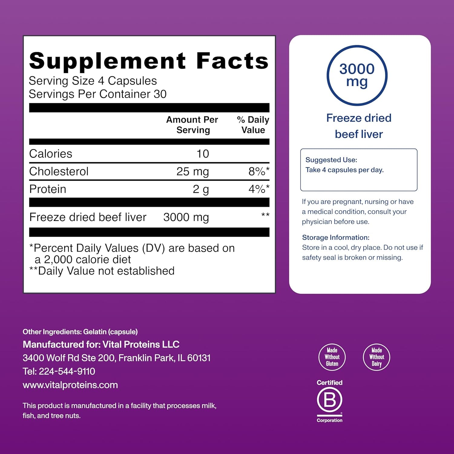 Vital Proteins Grass Fed Beef Liver Capsules, Desiccated Liver Supplement, 750Mg Liver Pills, 120 Count