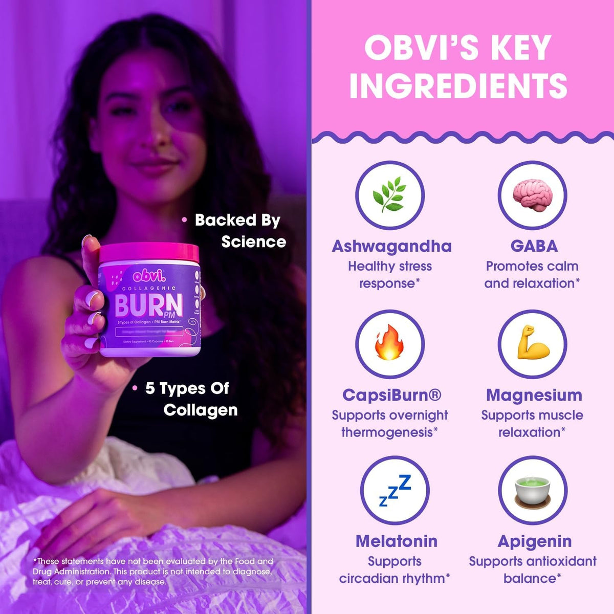 Obvi Collagenic Burn PM | Nighttime Collagen Peptides for Sleep & Recovery | 5 Types Collagen + Ashwagandha, GABA & Melatonin | Capsiburn Metabolic Support | 90 Capsules | Made in USA