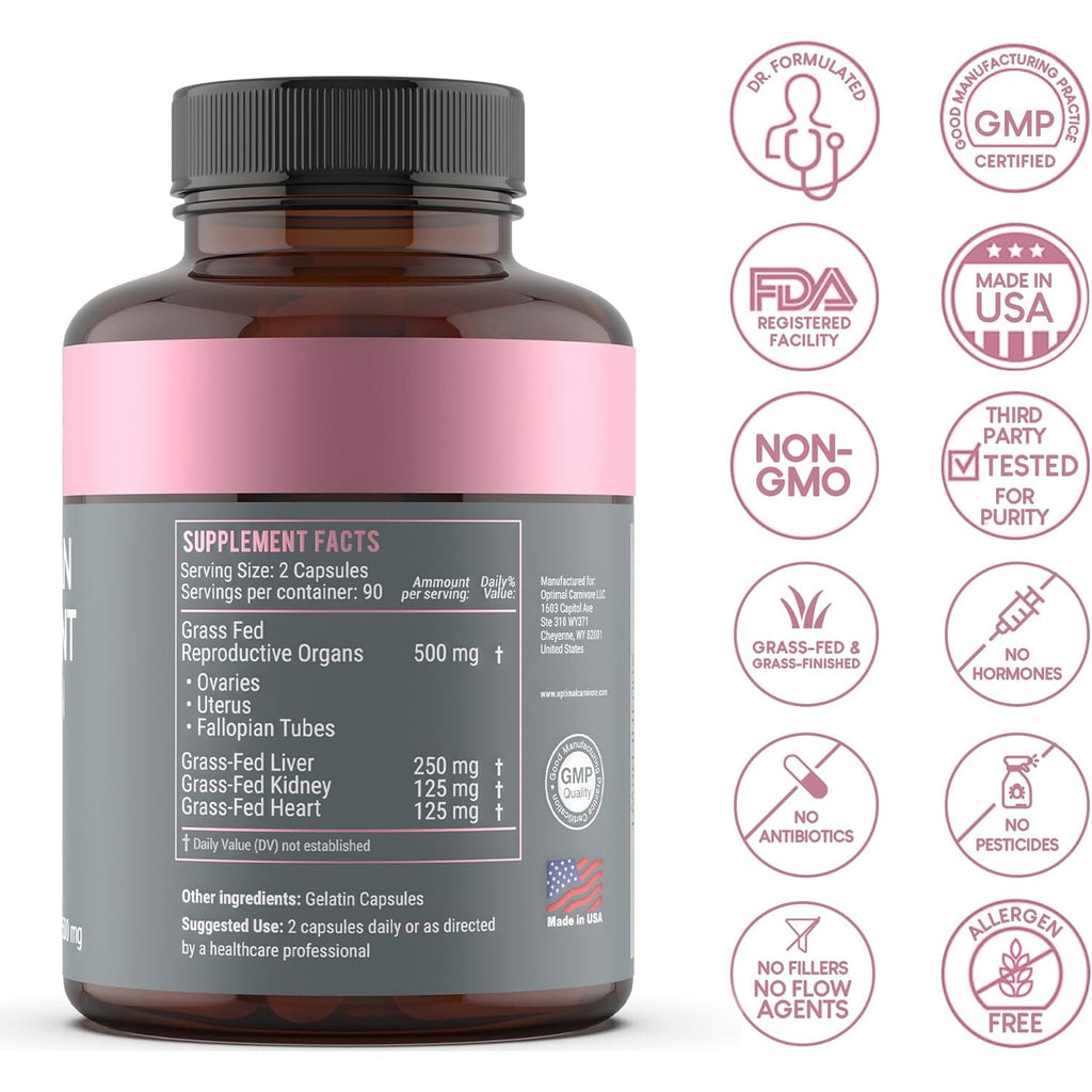 Beef Organ Supplement for Women | Supports Hormone Balance | Ovary, Uterus & Reproductive Nourishment + Liver, Kidney & Heart for Cycle Harmony, Mood Ease & Feminine Energy | 90 Day Supply