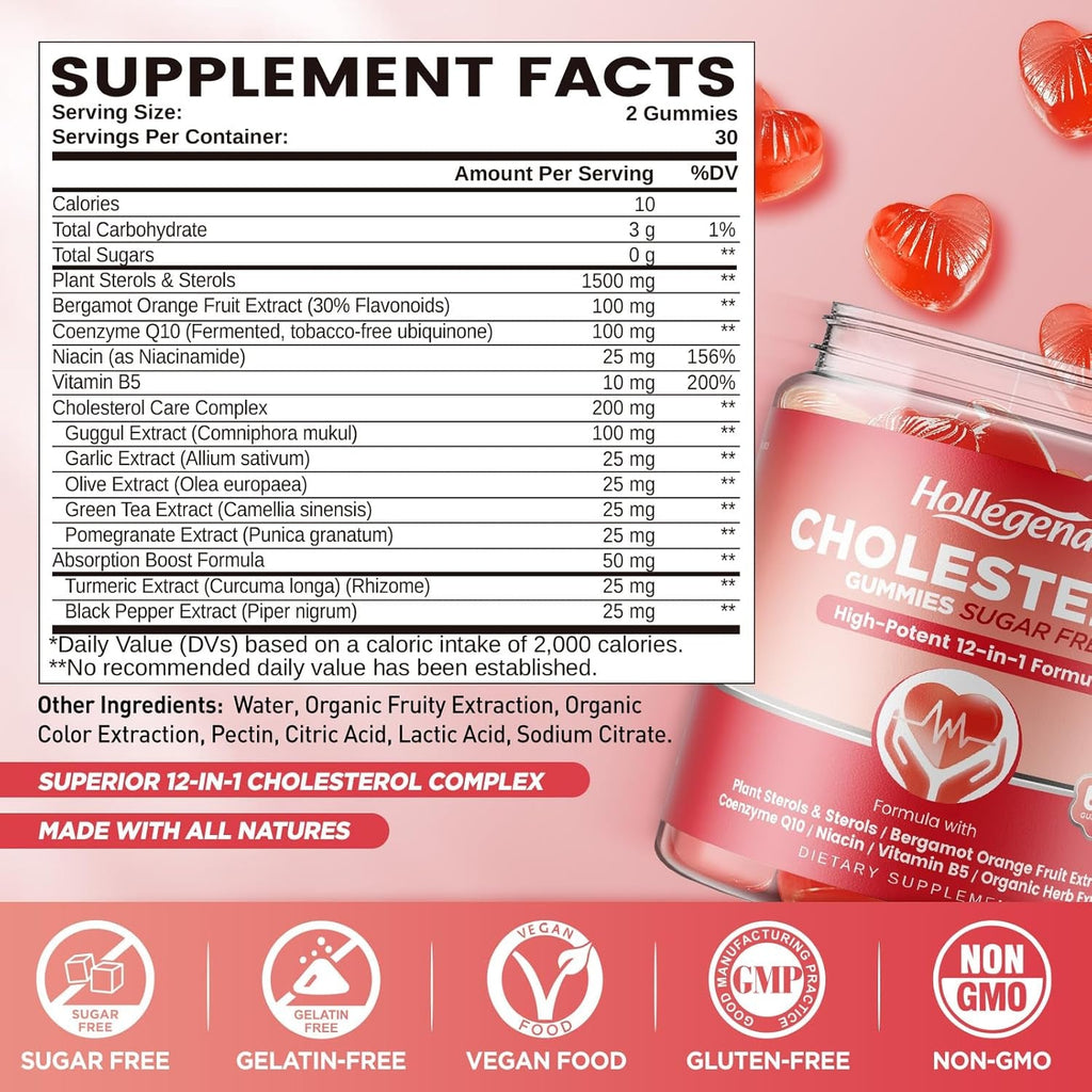 Cholesterol Supplements Gummies Sugar Free, Plant Sterols and Stanols Supplements plus Citrus Bergamot, Coq10 & Vitamins, Organic, Vegan, Natural Mixed Berry Flavor, 60 Chewables