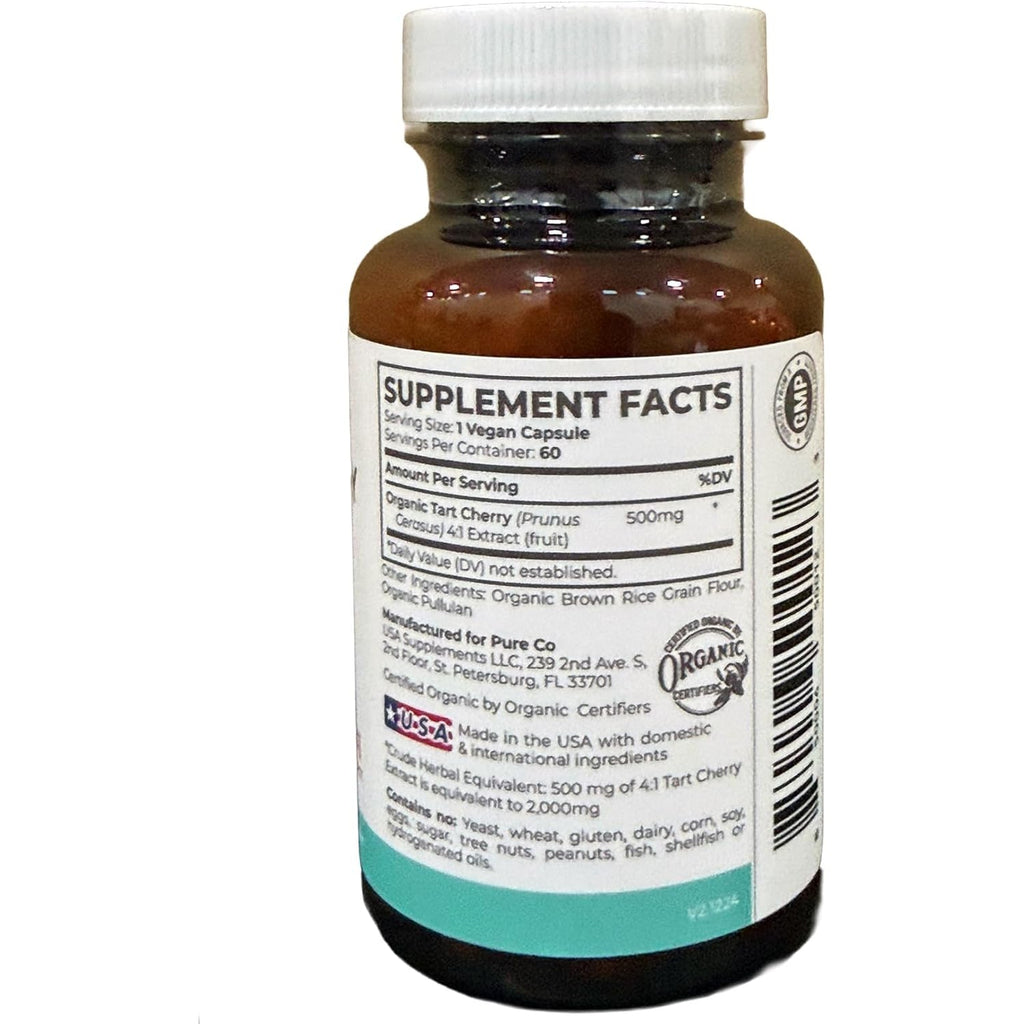 Organic Tart Cherry Capsules - High Strength Organic Tart Cherry 500Mg 4:1 Extract- 1 Capsule per Serving for Uric Acid Support - Vegan Non-Gmo & Made in the USA (2 Months Supply)