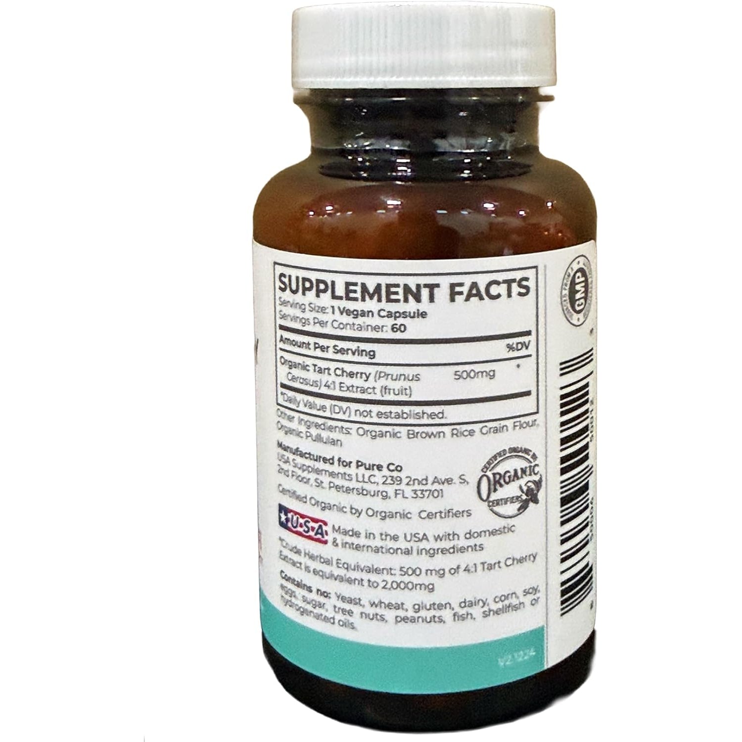 Organic Tart Cherry Capsules - High Strength Organic Tart Cherry 500Mg 4:1 Extract- 1 Capsule per Serving for Uric Acid Support - Vegan Non-Gmo & Made in the USA (2 Months Supply)