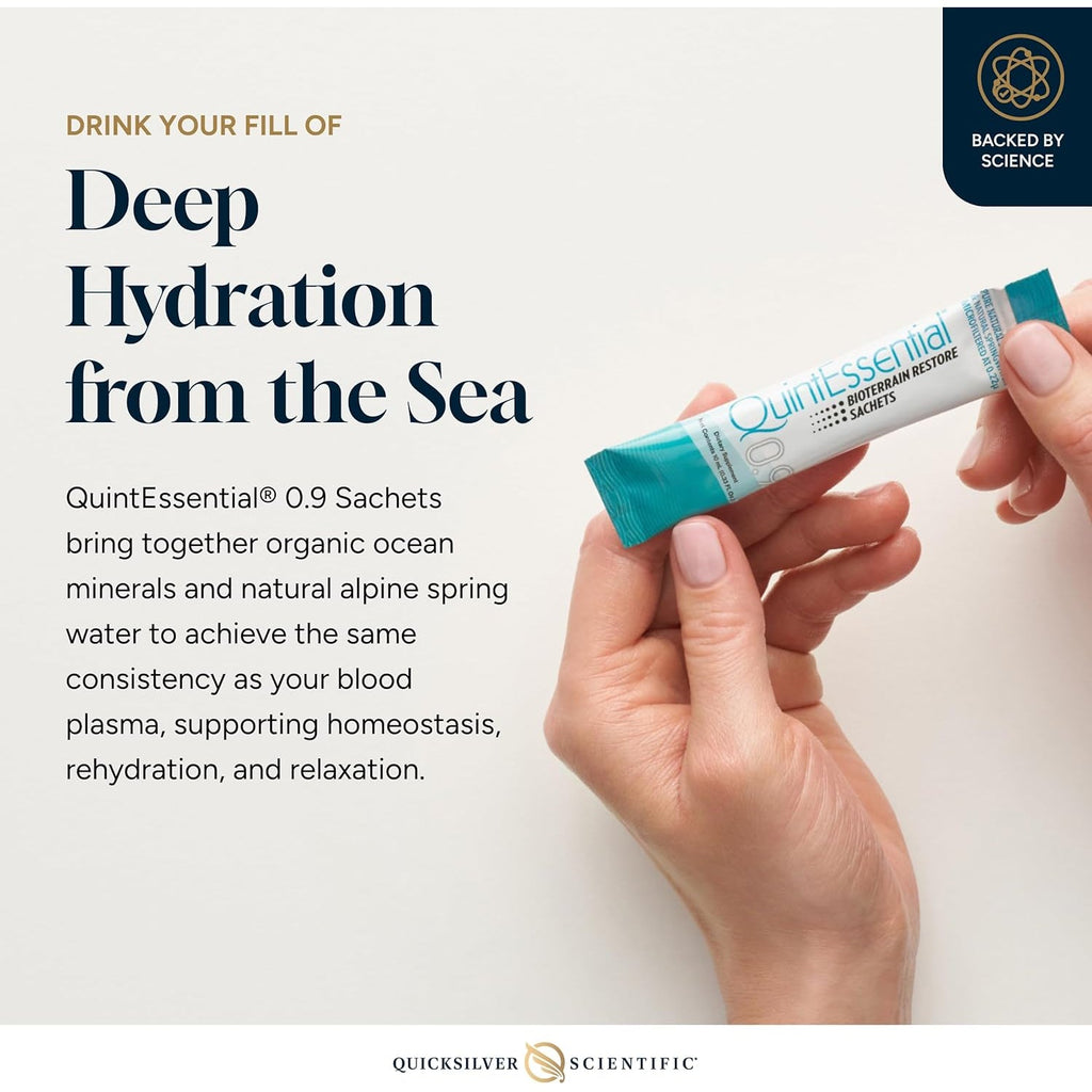 Quicksilver Scientific Quintessential 0.9 Sachets - Isotonic Solution with Sea Water Minerals + Alpine Spring - Liquid Hydration, Electrolyte + Multi Minerals Supplement (30 Count)
