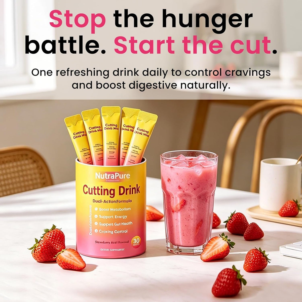 GLP-1 Cutting Drink Mix | Berberine, Cinnamon, Yerba Mate, 5-HTP & FOS | Supports Satiety, Energy & Gut Health | Strawberry Açaí Flavor | Vegan, Sugar-Free - 30 Sticks (1 Box)