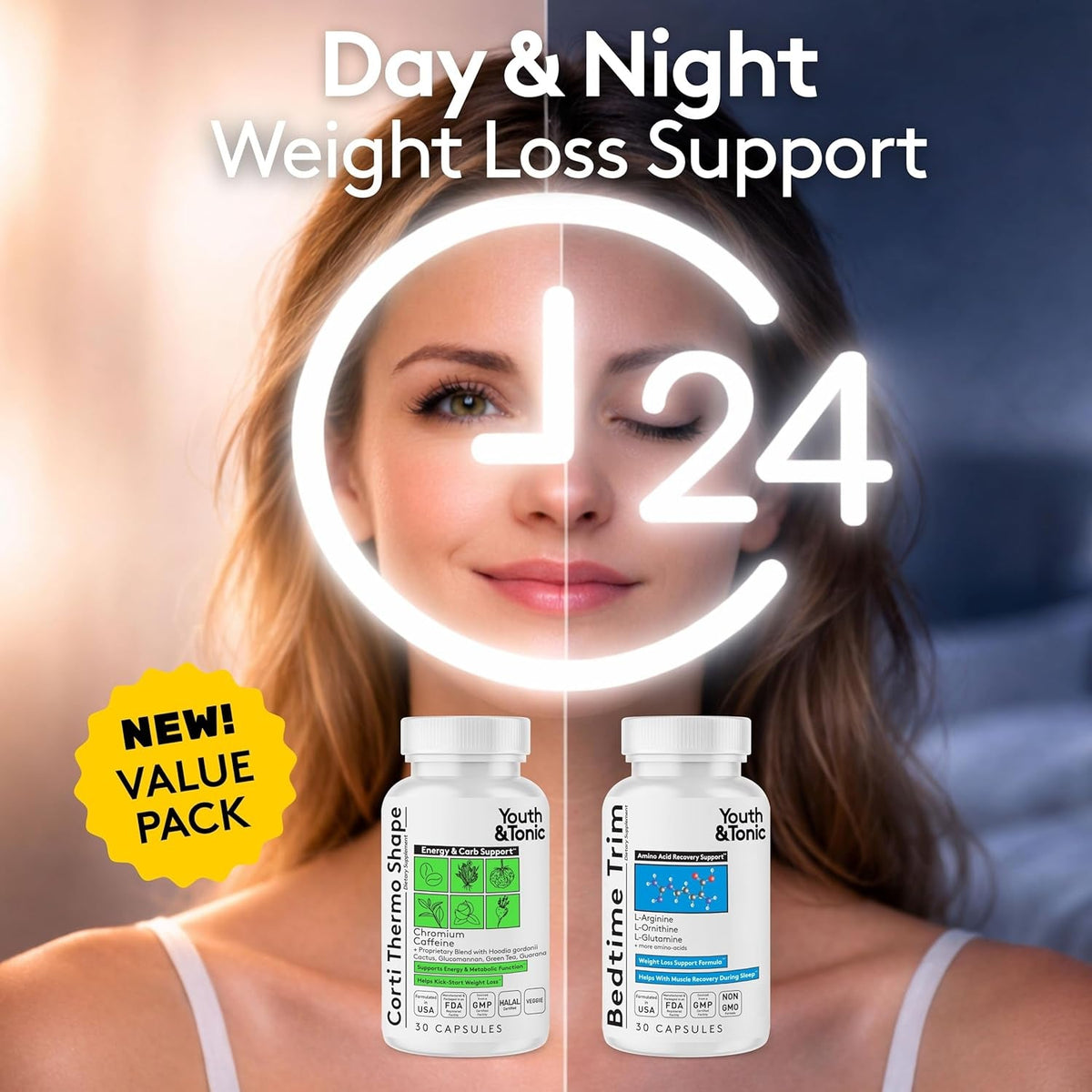 Youth & Tonic PM Bedtime Trim for Lean Appearance & Muscle Definition Support – Nighttime Amino Acids Supplement for Overnight Recovery, Men & Women, 30 Capsules