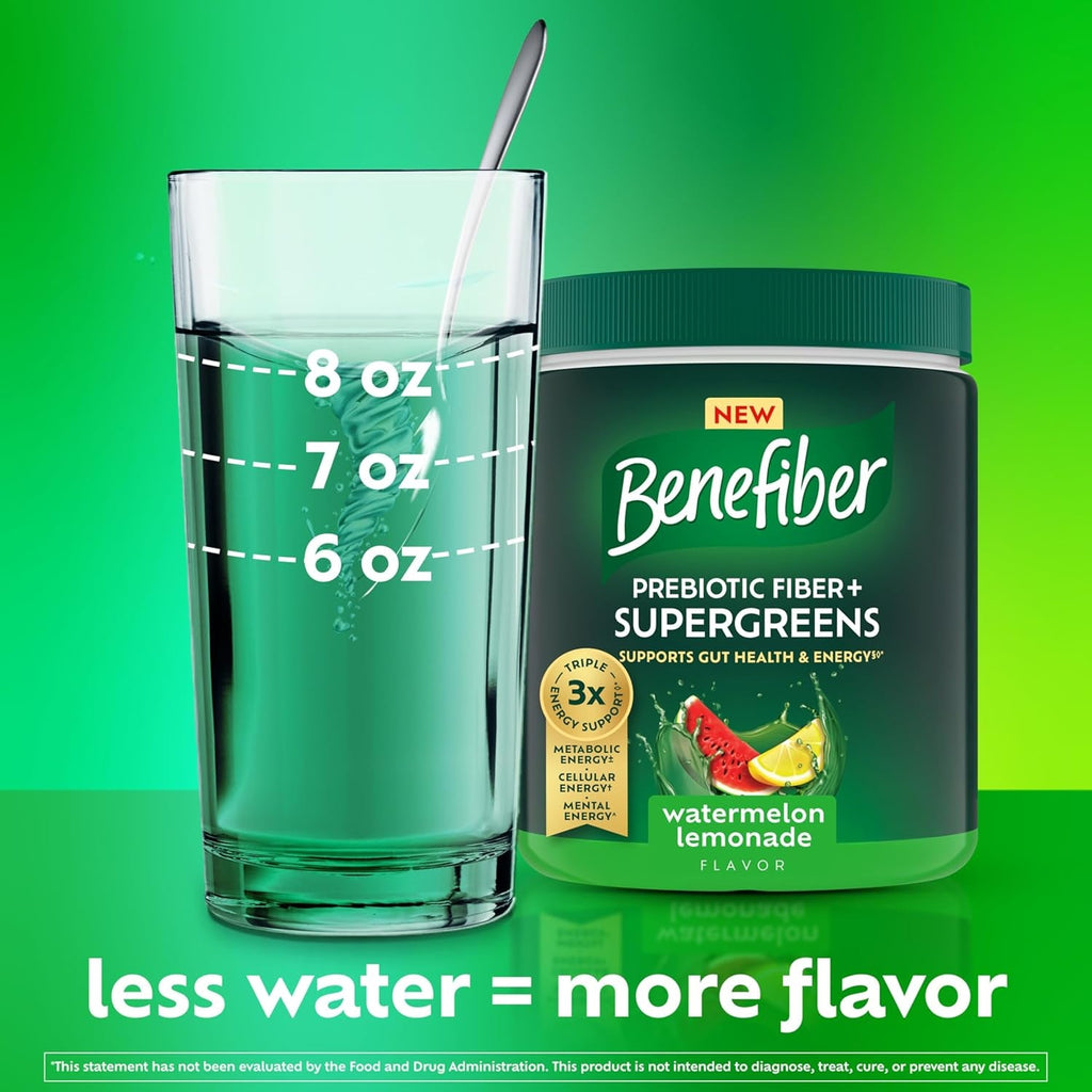 Benefiber Prebiotic GLP-1 Friendly Fiber + Supergreens Dietary Supplement Powder, Watermelon Lemonade Flavor, 8.8 Oz (250G)