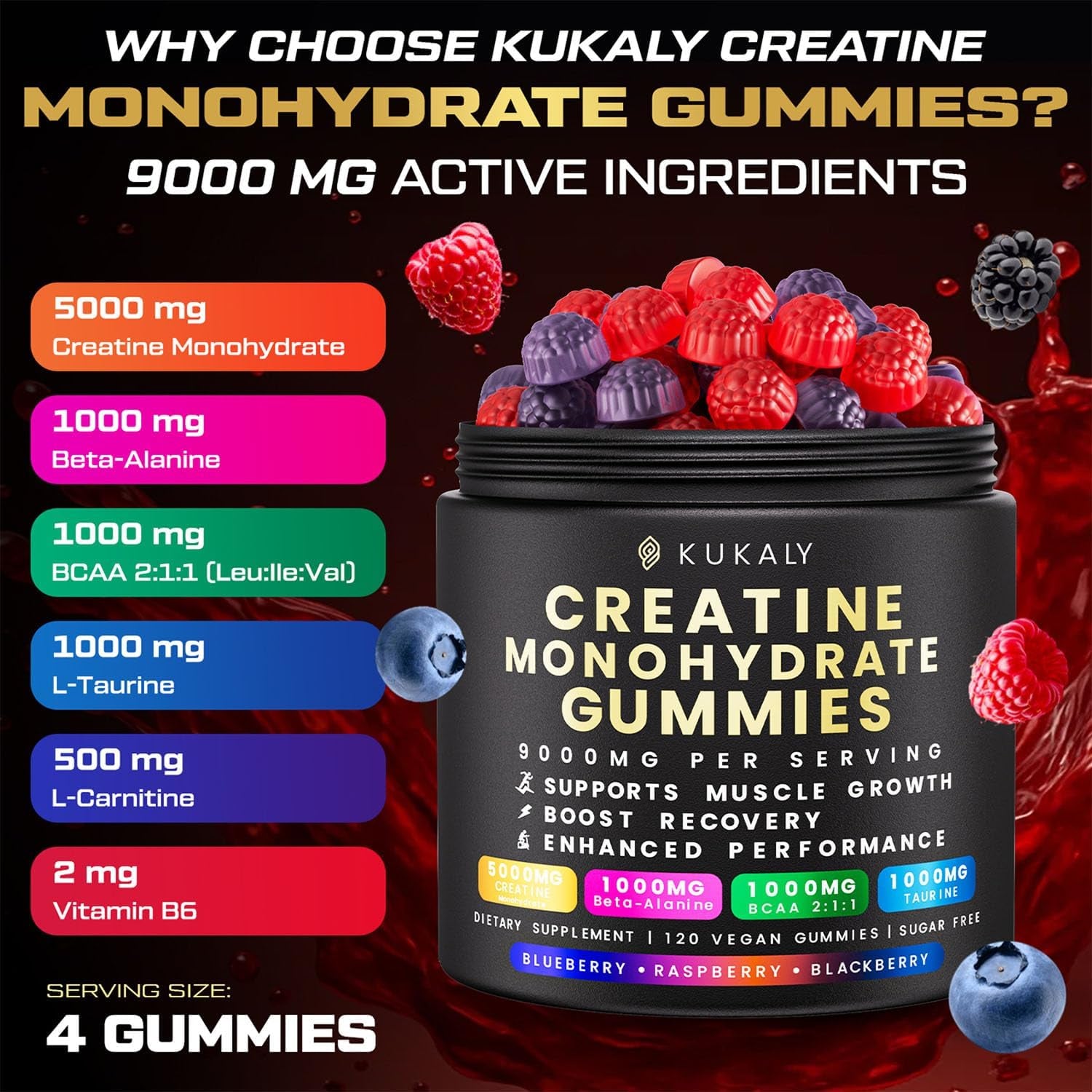 Creatine Monohydrate Gummies for Men & Women, Sugar Free, Mixed Flavored with L-Taurine, BCAA 2:1, B12 B6 for Boost Strength, Focus & Endurance, Vegan, Non-Gmo, 120Pcs