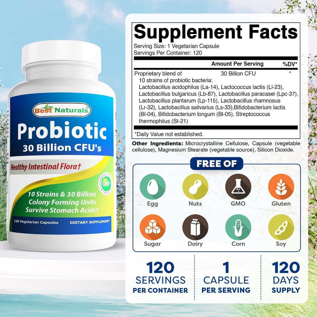 Best Naturals Probiotic 10 Strains & 30 Billion CFU Intestinal Flora, 120 Veggie Capsules - Shelf Stable Probiotic (4146365)