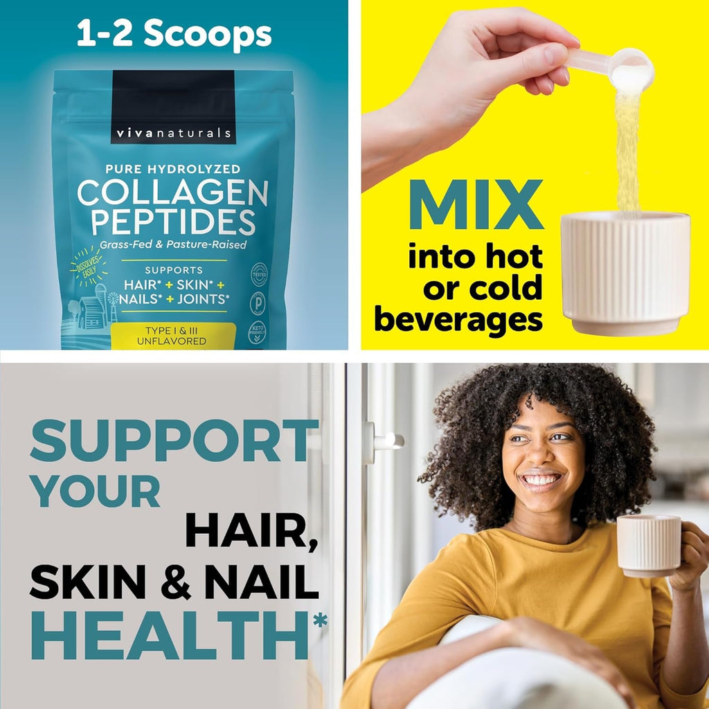 Viva Naturals Collagen Peptides Powder - Grass-Fed Hydrolyzed Bovine, Type I & III - 19 G Protein, Unflavored, Easy Dissolving - Joint, Skin, Hair & Nail Support - Paleo, Keto, Non-Gmo - 1Lb