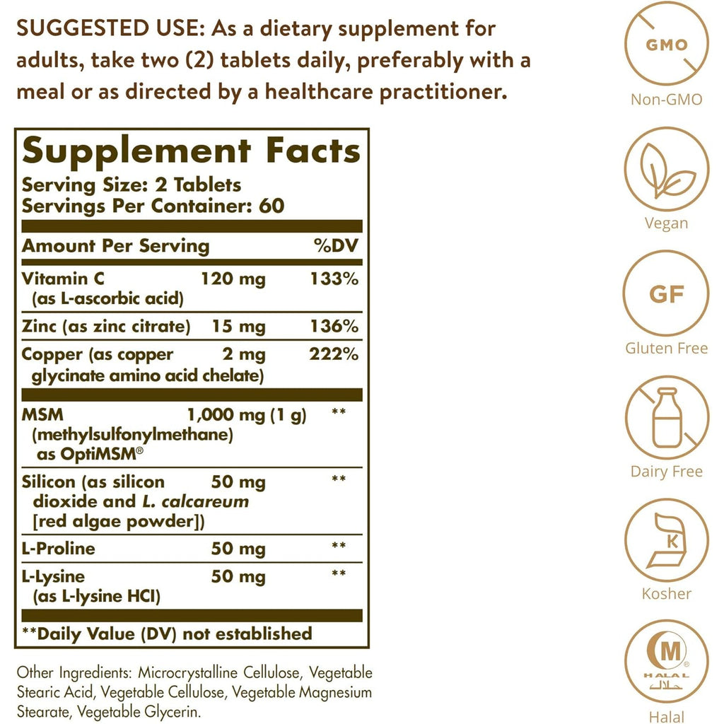 Solgar Skin, Nails & Hair, Advanced MSM Formula, 120 Tablets - Supports Collagen for Hair, Nail and Skin Health - Provides Zinc, Vitamin C & Copper - Non GMO, Vegan, Gluten & Dairy Free - 60 Servings