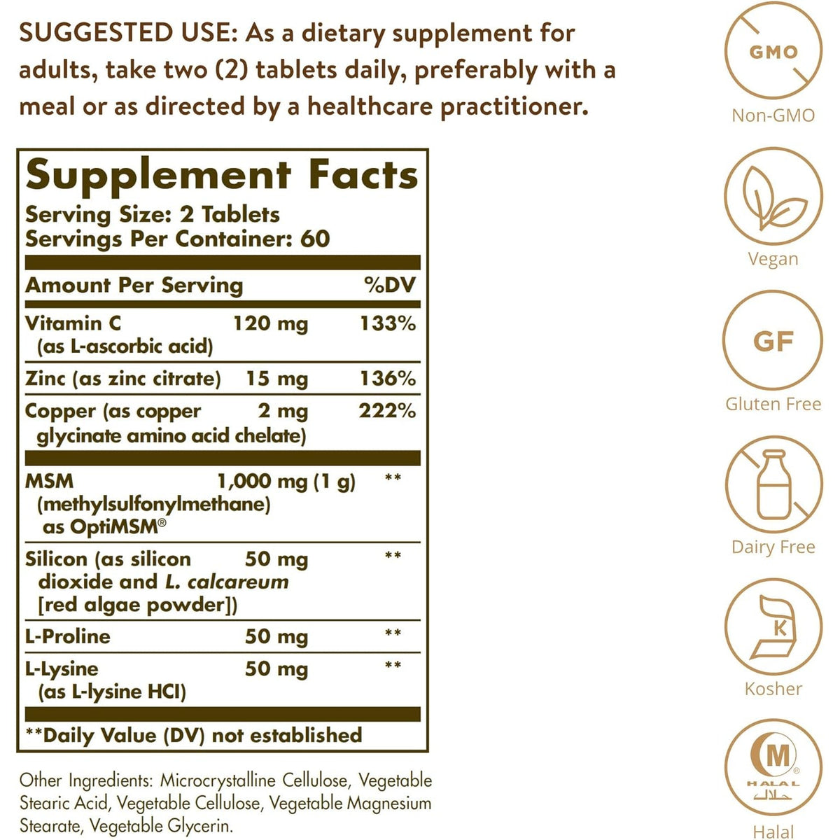 Solgar Skin, Nails & Hair, Advanced MSM Formula, 120 Tablets - Supports Collagen for Hair, Nail and Skin Health - Provides Zinc, Vitamin C & Copper - Non GMO, Vegan, Gluten & Dairy Free - 60 Servings