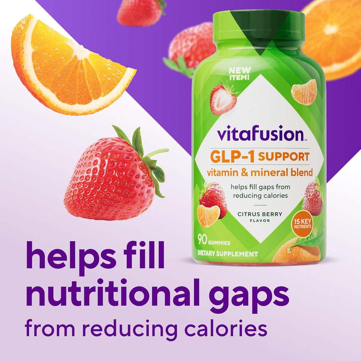 Vitafusion GLP-1 Support Multivitamin, Vitamin and Mineral Blend, 15 Essential Nutrients, Citrus Berry Flavor, 90 Count, 45 Day Supply