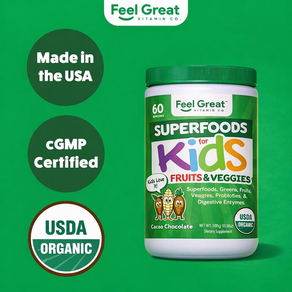 Feel Great USDA Organic Super Greens Powder for Kids - Cocao Chocolate | Fruit & Veggie Supplement | Superfood Powder with Probiotics & Digestive Enzymes for Digestive Health | 60 Days Supply