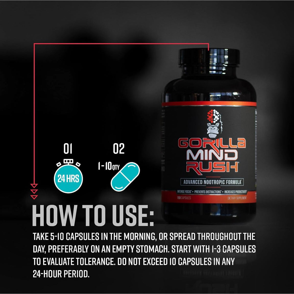 Gorilla Mind Rush - Nootropic Supplement | Intense Focus · Insane Productivity Cognitive Health Support, Memory, Focus, Concentration, Clarity | 150 Capsules