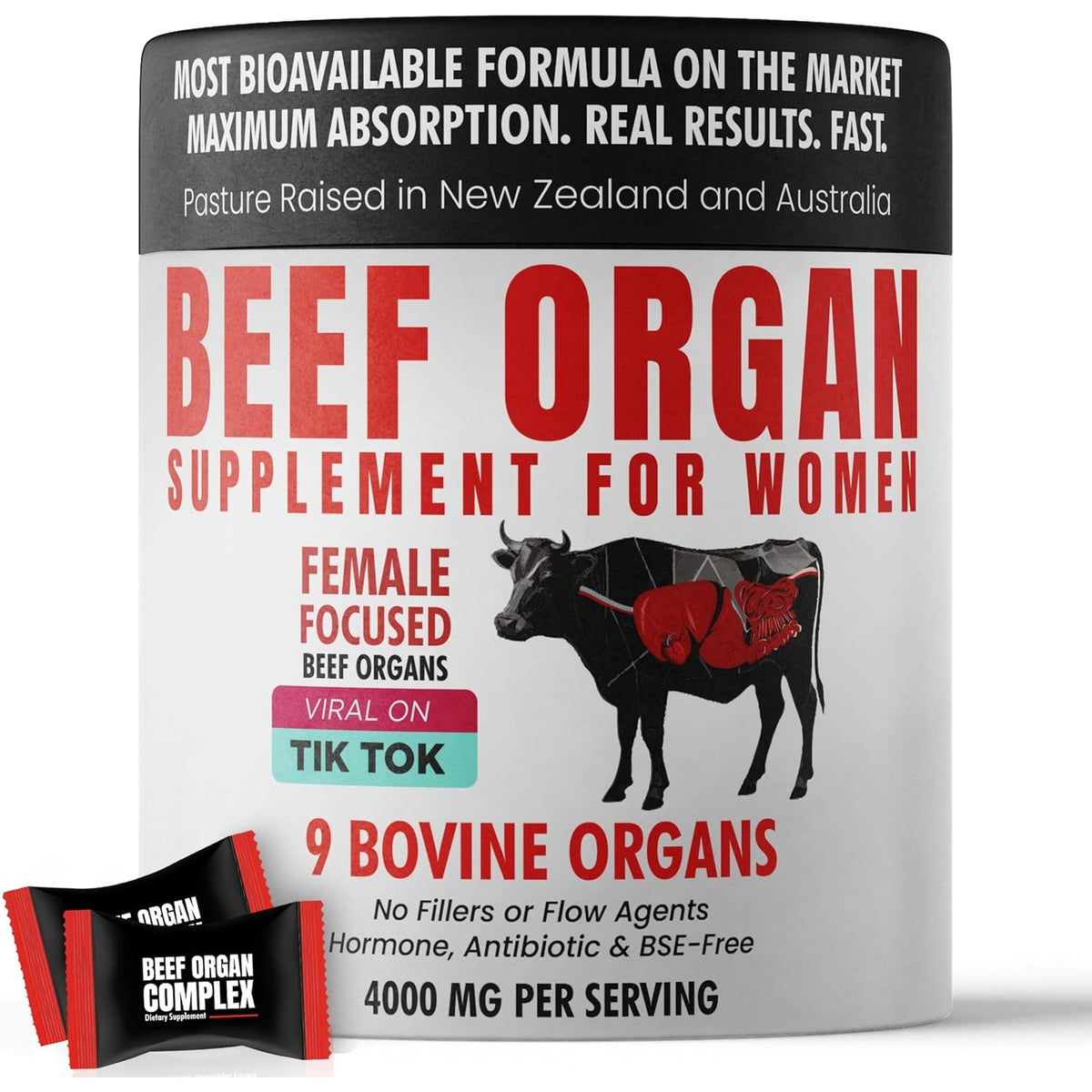 Beef Organ Supplement for Women | Grass Fed Beef Organs Liver Supplement | 9 Nutrient Rich Bovine Organs | Raised on New Zealand & Australian Pastures | No Fillers | Great Taste | 60 Gummies