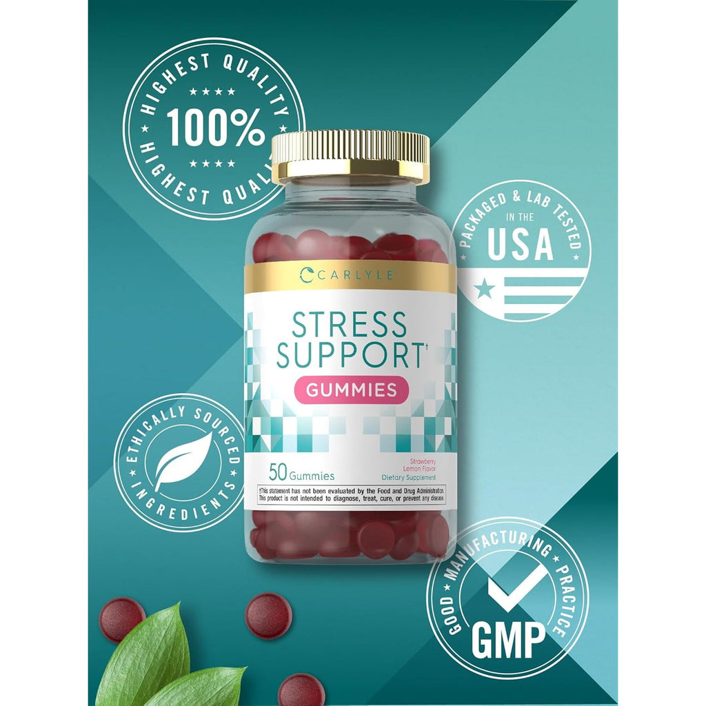 Carlyle Stress Support Supplement Gummies | 50 Count | for Women and Men | with GABA and L-Theanine | Strawberry Lemon Flavor | Non-Gmo & Gluten Free