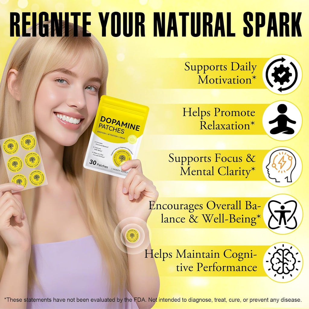 Dopamine Patches, Mood & Positivity Support, Plant-Based Formula, Supports Dopamine & Serotonin Balance, 30 Vegan Patches for Men Women