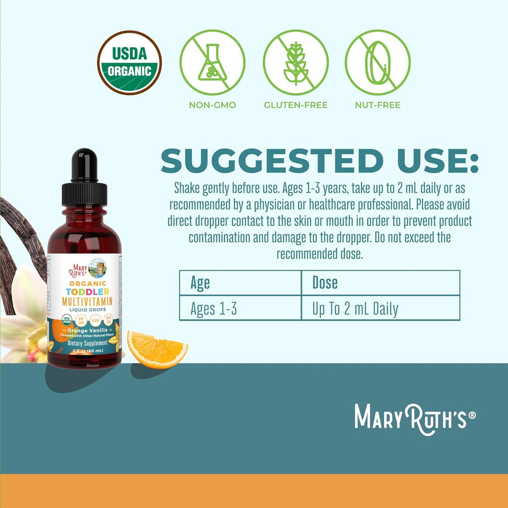 MARYRUTH'S Organics Multivitamin & Multimineral with Iron for Toddlers | USDA Organic | Sugar Free | Multivitamin Liquid Drops for Kids Ages 1-3 | Immune Support | Vegan | Non-Gmo | 2 Fl Oz