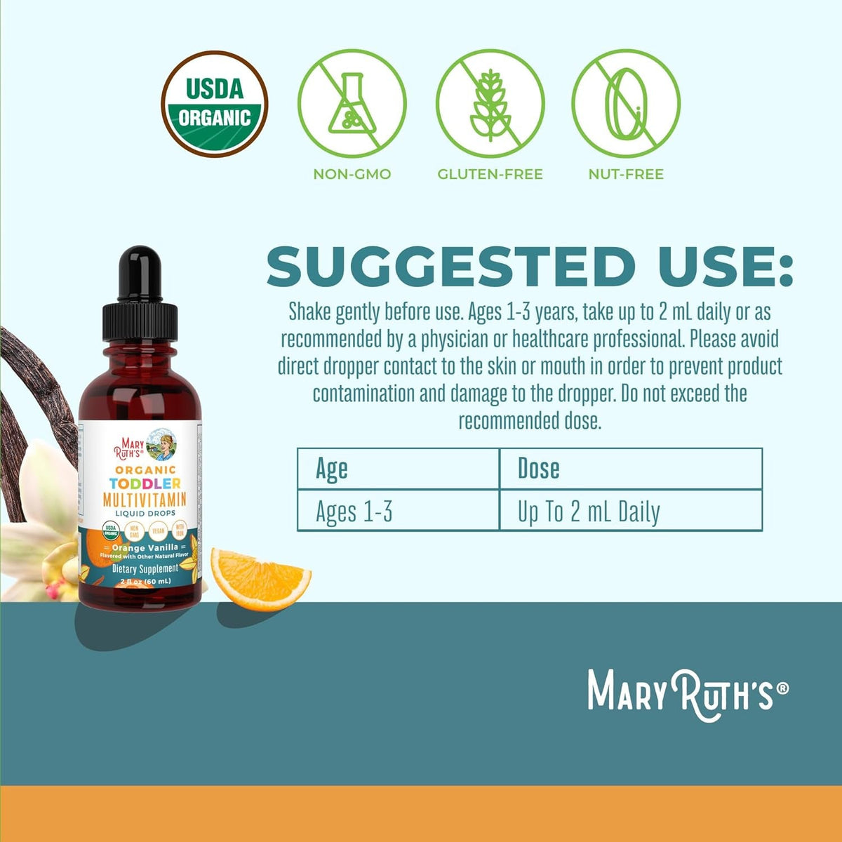MARYRUTH'S Organics Multivitamin & Multimineral with Iron for Toddlers | USDA Organic | Sugar Free | Multivitamin Liquid Drops for Kids Ages 1-3 | Immune Support | Vegan | Non-Gmo | 2 Fl Oz