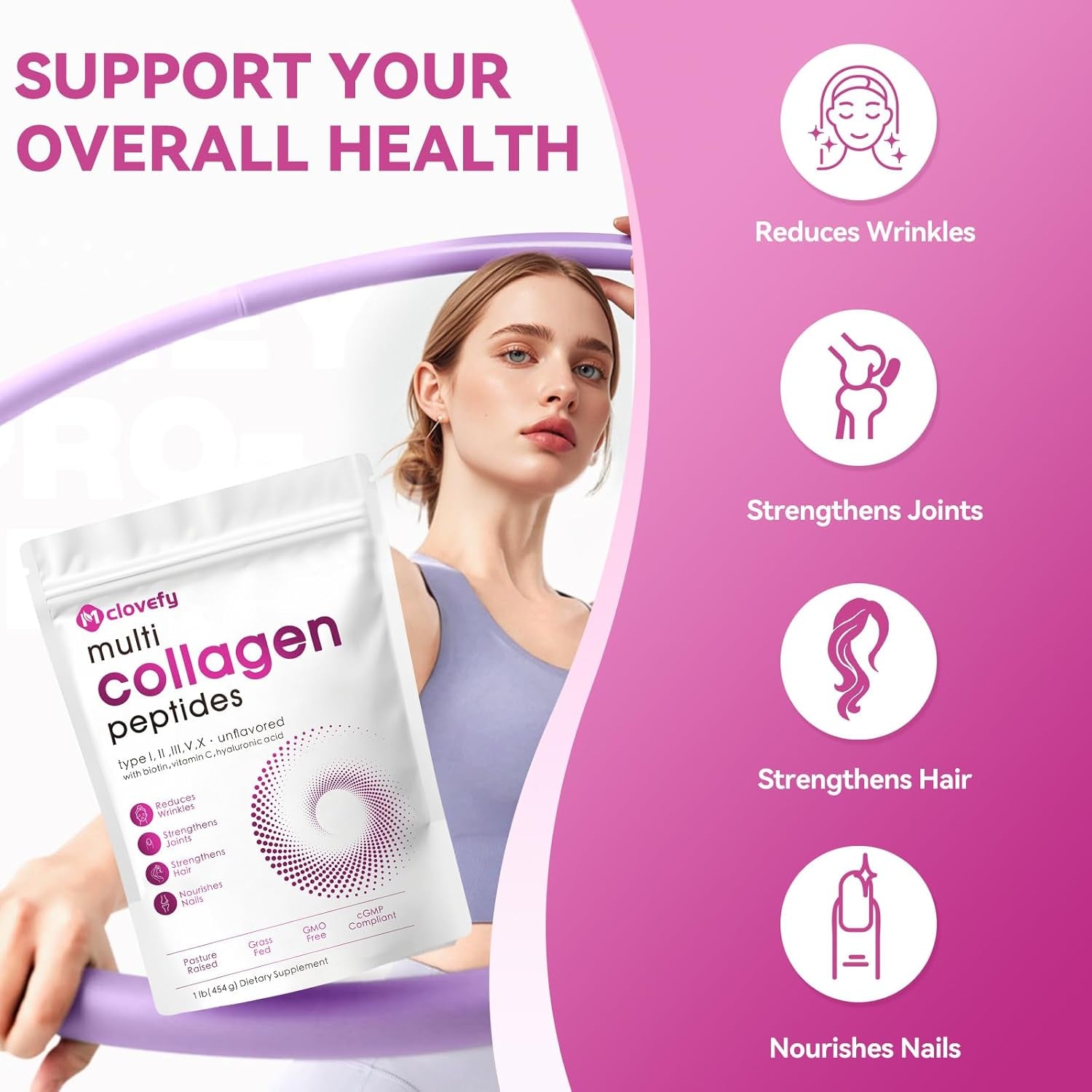 Multi Collagen Peptides Powder, 16 Oz (41 Servings) - Protein Supplement, Type I, II, III, V, X with Hyaluronic Acid, Vitamin C and Biotin, Unflavored, Easily Mixes in Drinks