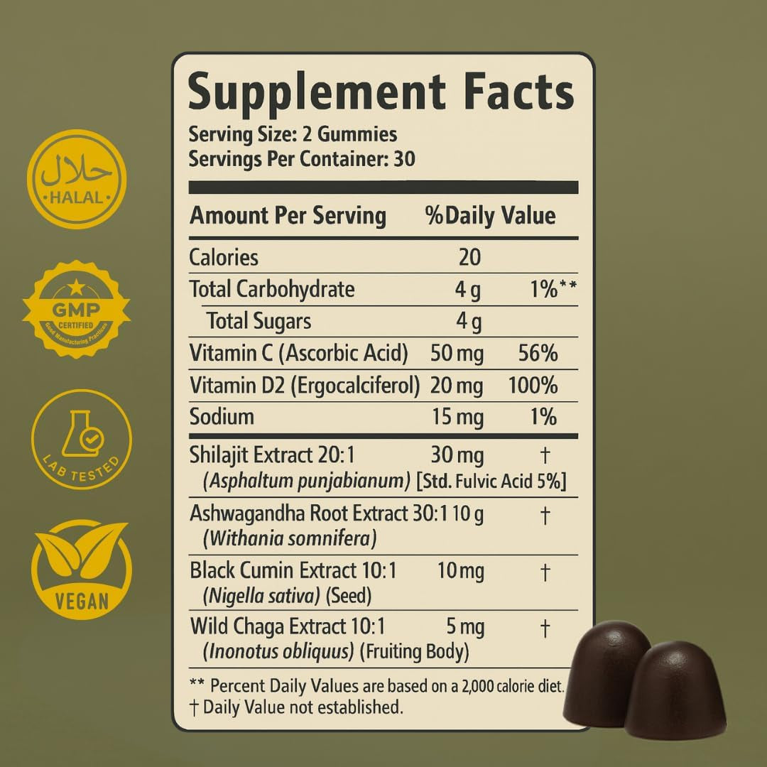 Pure Shilajit Gummies for Men & Women, Shilajit with Black Seed Oil, High Potency Pure Himalayan Resin for Energy, Immune Support, and Cognitive Function, Lab Tested Chewables